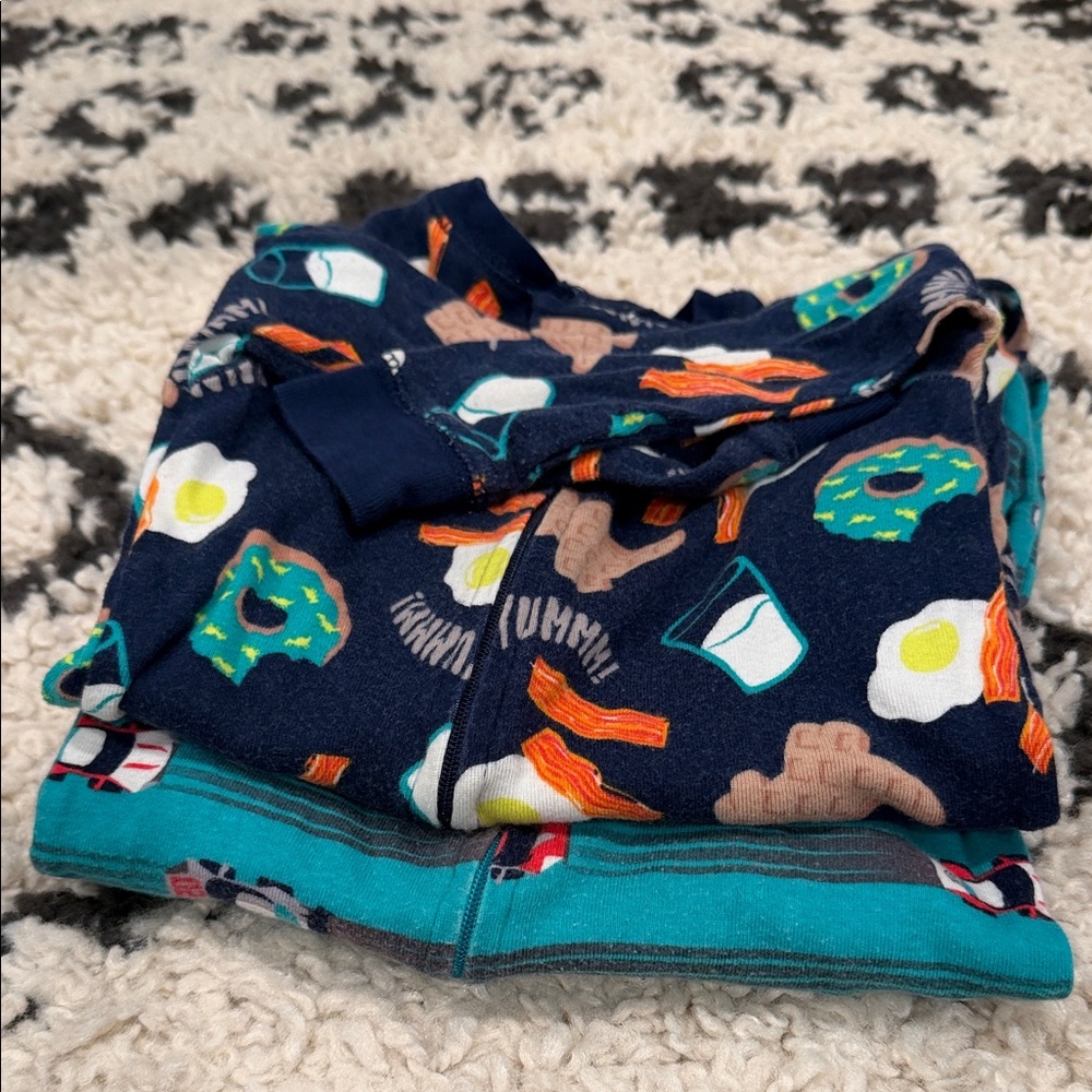 Kids Navy Breakfast-Print Pajama Set with Teal Trim